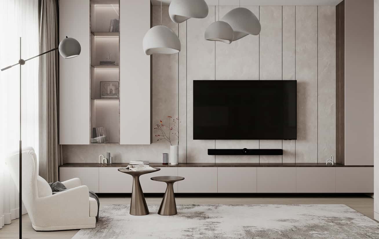 Jasne, nowoczesne 3-pokojowe mieszkanie z dużymi oknami i elementami modernizmu.