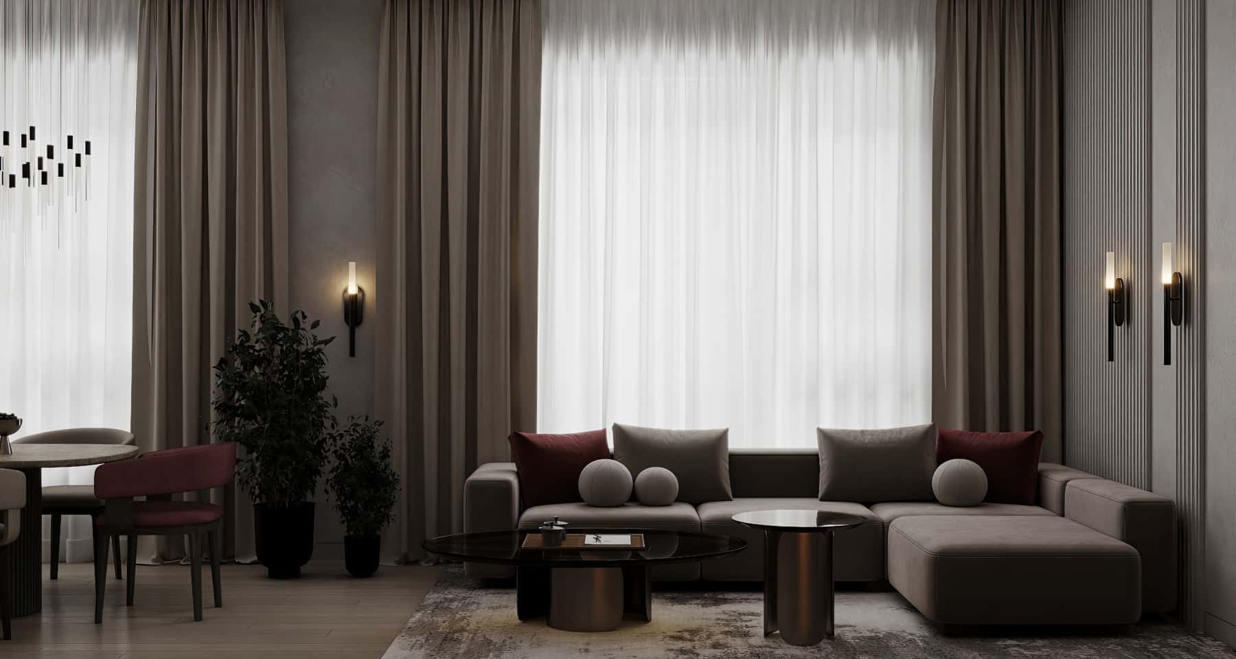Otwarty salon z kuchnią Nowoczesne wnętrze trzypokojowego apartamentu z otwartym planem kuchni-salonu i wygodną strefą relaksu.