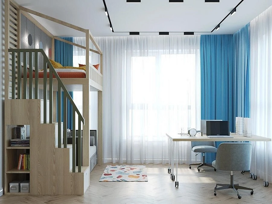 Antresola w szafie Eleganckie łóżko na antresoli z sofą wbudowane w szafę. Metalowa rama