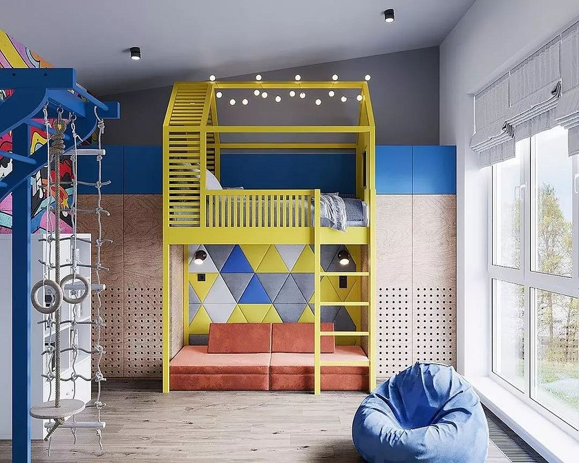 Antresola z sofą Rozkładane łóżko na antresoli z sofą, oszczędność miejsca. Metalowa rama