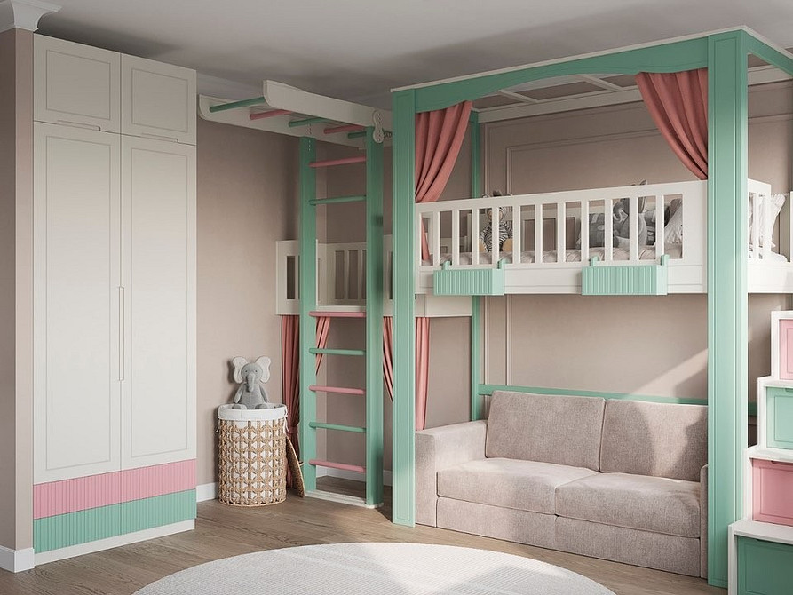 Stylowy komfort Nowoczesne łóżko piętrowe z rozkładaną sofą – stylowe rozwiązanie do pokoju dziecięcego.