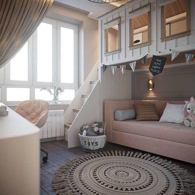 Nowoczesny design Stylowe łóżko piętrowe z sofą w nowoczesnym pokoju dziecięcym z akcentami.