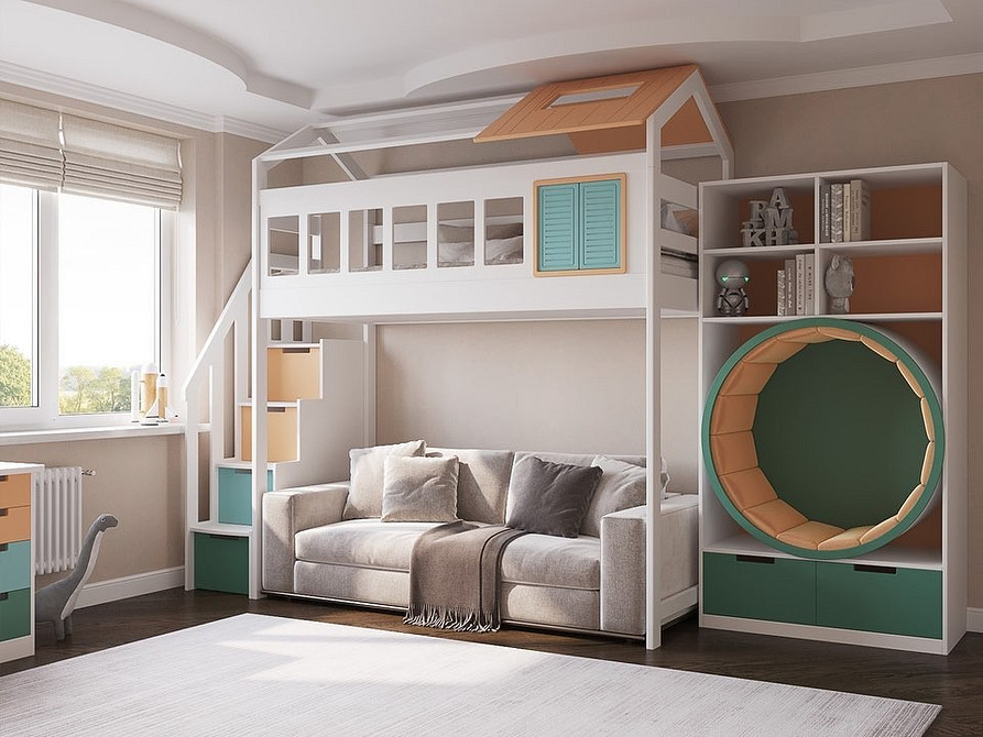Ekologiczne drewno Drewniane łóżko piętrowe z sofą: ekologiczne materiały dla bezpiecznego pokoju dziecięcego.