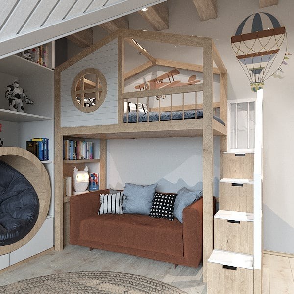 Naturalne drewno Drewniane łóżko piętrowe z sofą w pokoju dziecięcym w ekologicznym stylu.