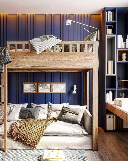 Przechowywanie i spanie Kompaktowe łóżko piętrowe z sofą i szafą do przechowywania w pokoju dziecięcym.