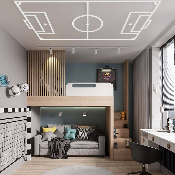 Pokój dla rodzeństwa Projekt pokoju dziecięcego z łóżkiem piętrowym i sofą – idealne dla dwojga dzieci.