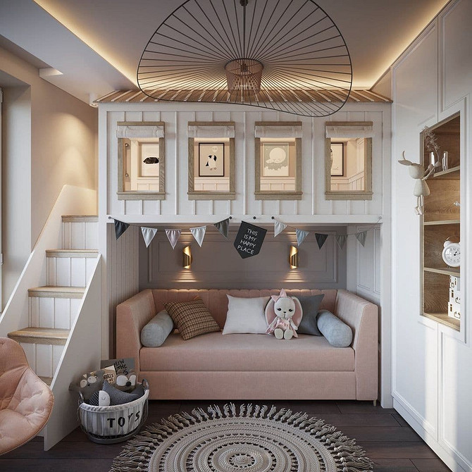 Strefa nauki i relaksu Pokój dziecięcy z łóżkiem piętrowym, sofą i strefą do nauki.