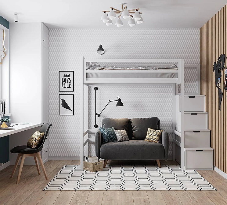 Szarość i nowoczesność Łóżko piętrowe z sofą w pokoju nastolatka, nowoczesny design z szarymi akcentami.