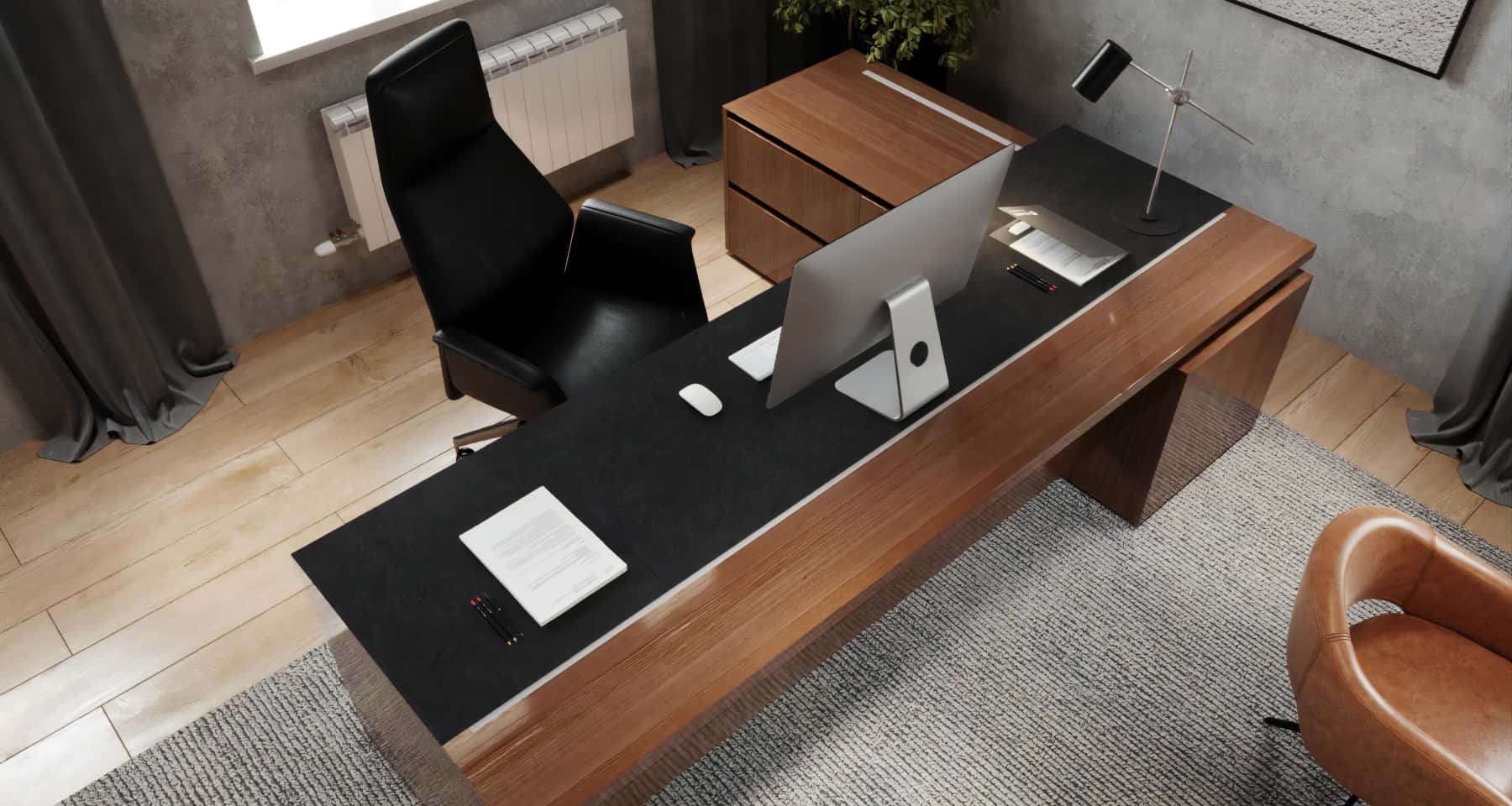 Elegancki remont biura 2026 z przestronną strefą relaksu i wygodnymi sofami.