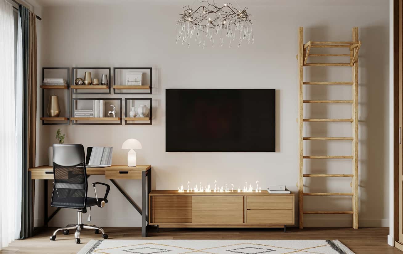 Funkcjonalne rozwiązania w małym mieszkaniu 32m2: szafki, półki i ukryte schowki.