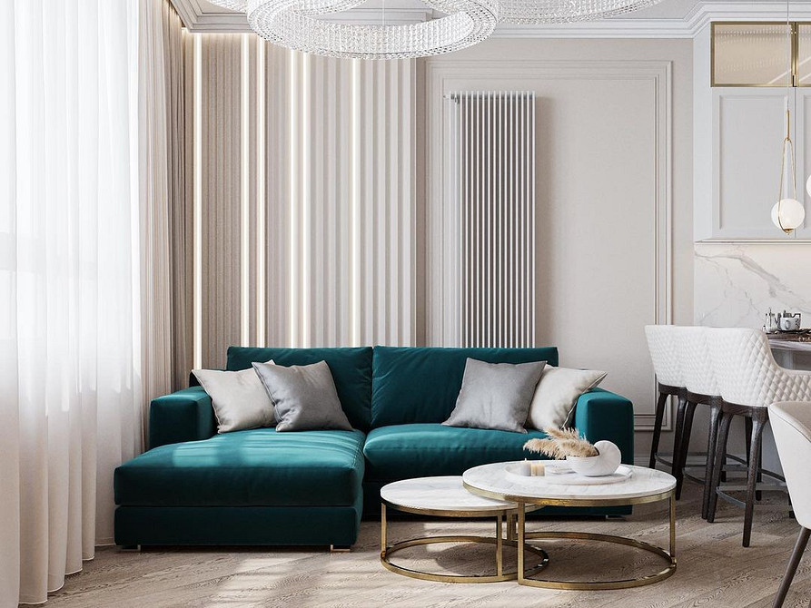 Nowoczesny salon z turkusową kanapą. Salon z turkusową kanapą, stolikiem kawowym i nowoczesnymi lampami.