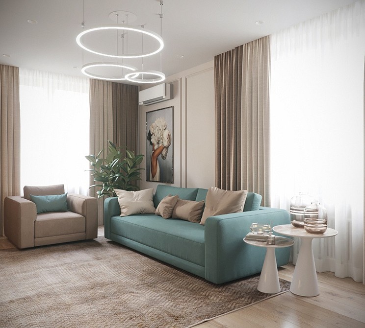 Elegancka turkusowa sofa. Elegancka turkusowa kanapa na tle neutralnych ścian i dywanu, inspiracja aranżacyjna.