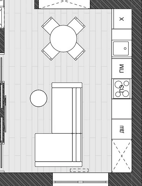 Funkcjonalny układ mebli Aranżacja kuchni z salonem: plan rozstawienia mebli w otwartej przestrzeni.