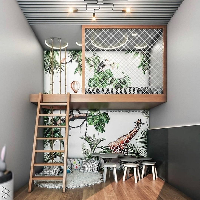 Łóżko antresola z miejscem do pracy w pokoju dziecka: Aranżacja wnętrza.