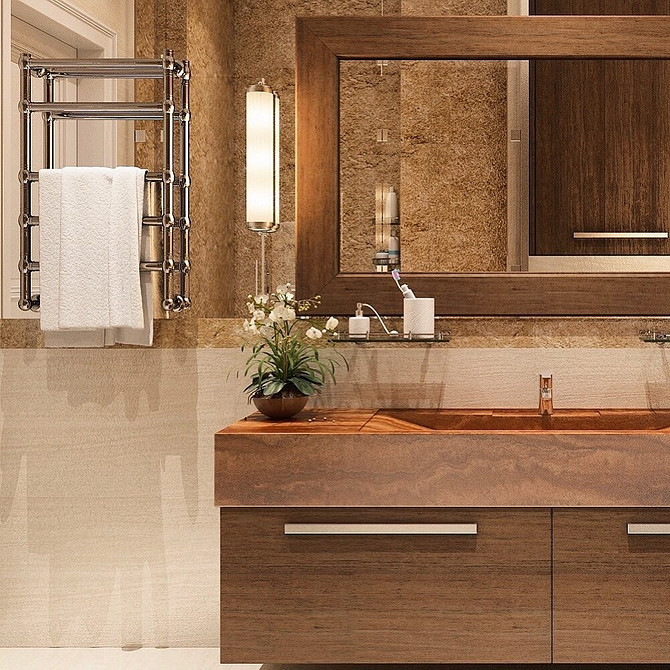 Elegancka łazienka 2026 Nowoczesna łazienka z eleganckimi meblami: szafki i półki do przechowywania.