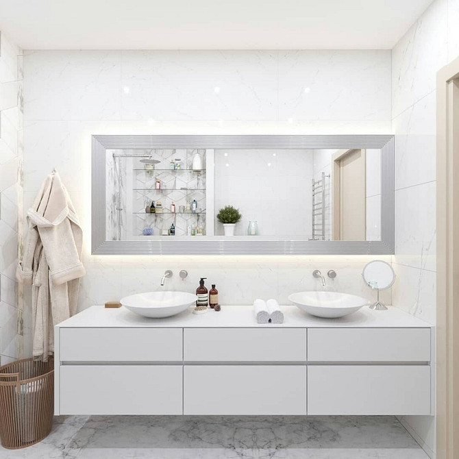 Biel i szarość Współczesna łazienka z białymi meblami i szarymi akcentami kolorystycznymi.