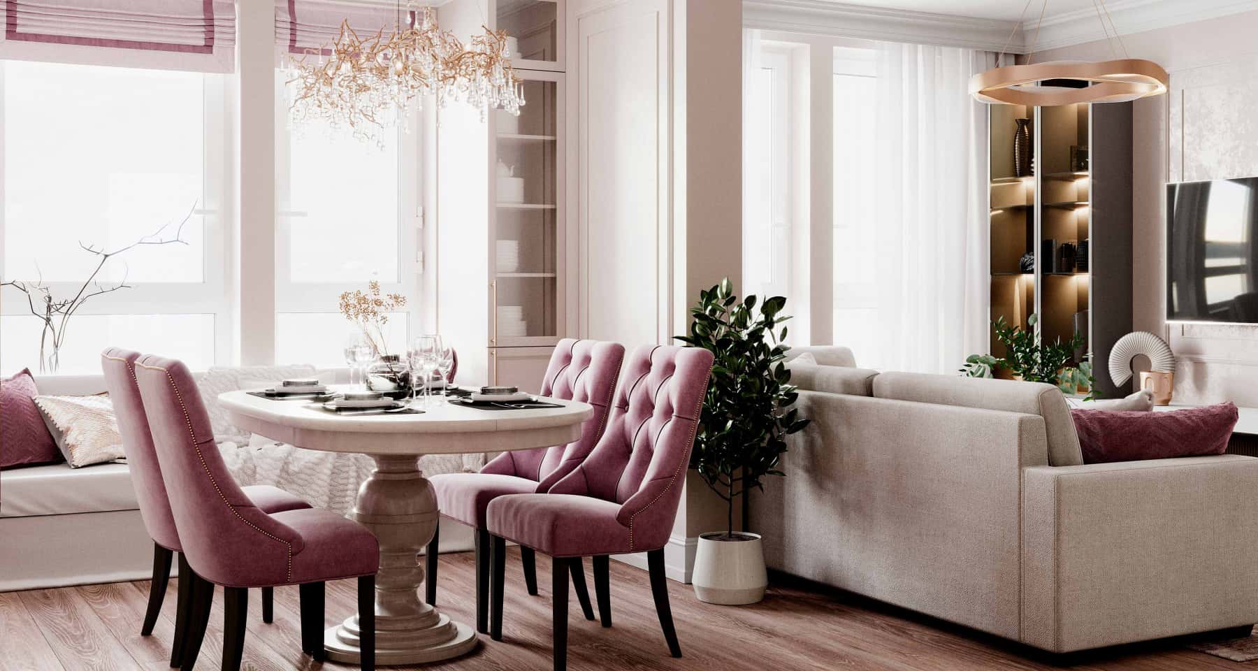 Kolorystyka wnętrz: zielone ściany i drewniane akcenty w nowoczesnym designie.