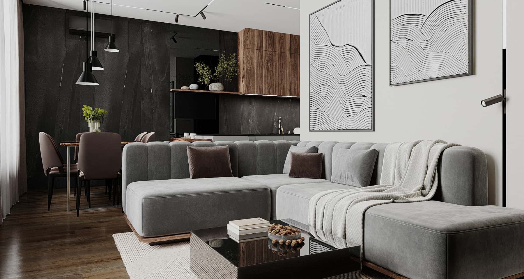 Ciemny gabinet: połączenie niebieskiego, szarego i drewna w aranżacji 2026.