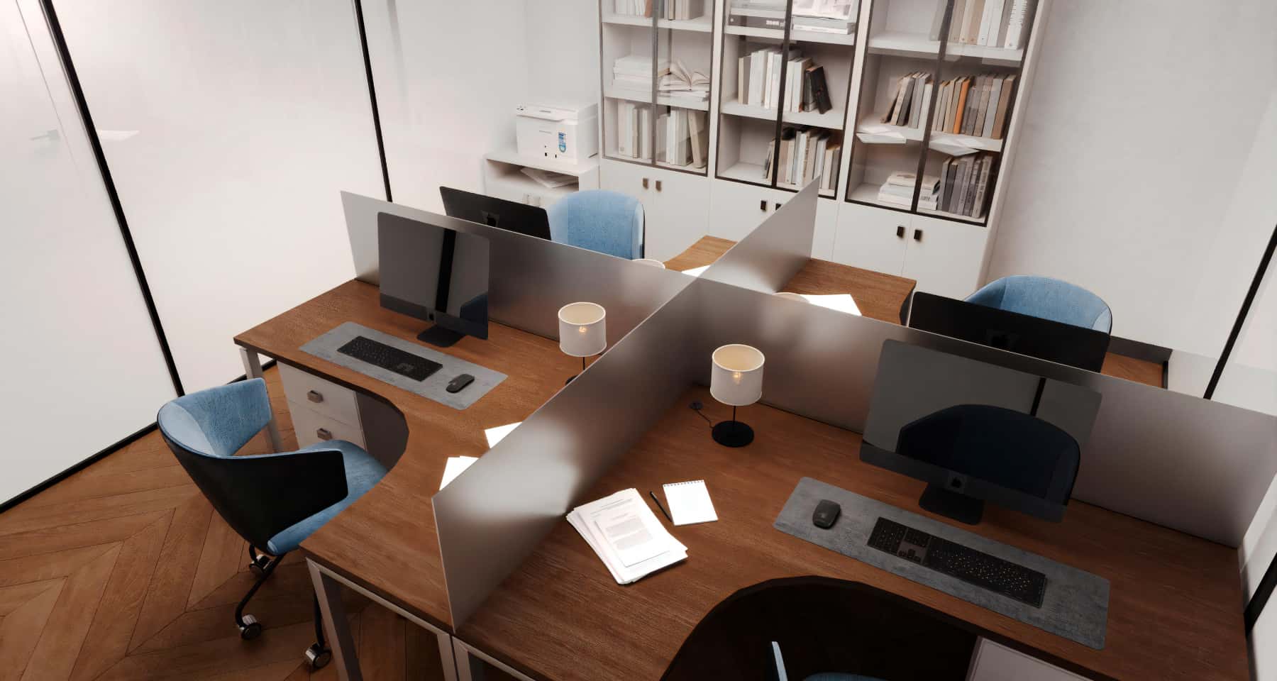 Biuro po remoncie Nowoczesne biuro po remoncie z jasnymi ścianami, drewnianymi panelami i eleganckim designem.