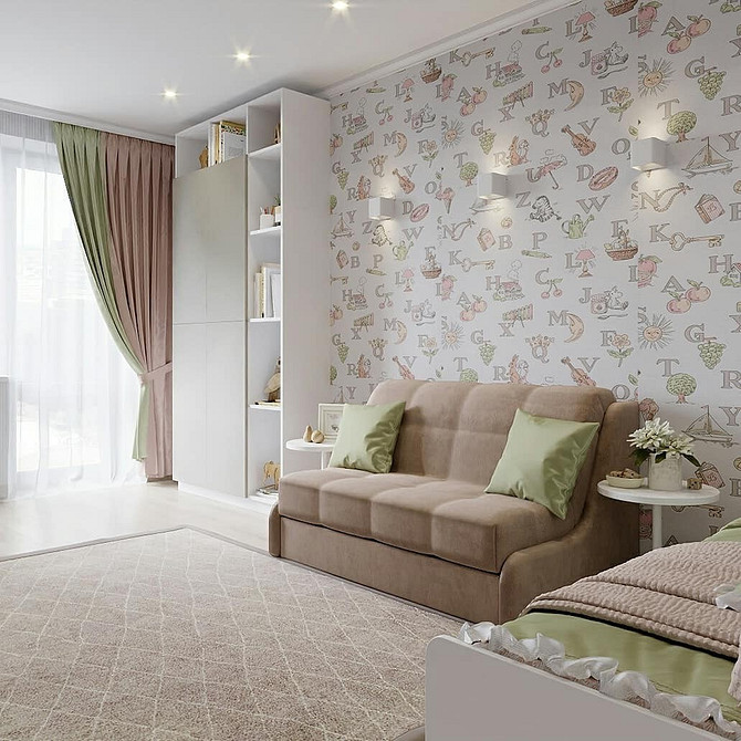 Miękka brązowa sofa w pokoju dziecięcym, idealne miejsce do zabawy i odpoczynku.