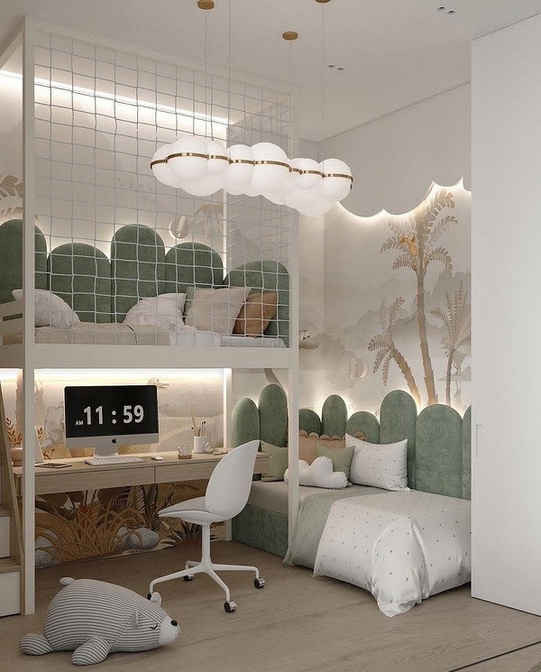 Kompaktowe łóżko na antresoli z półkami na książki i zabawki w pokoju dziecka.