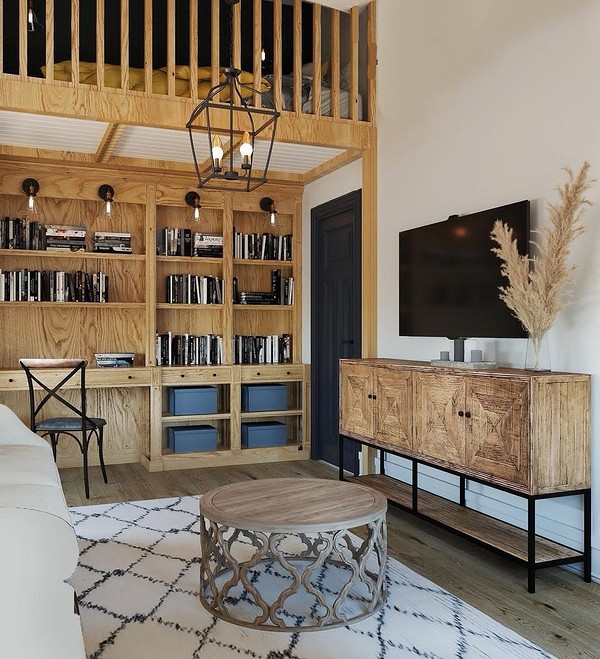 Łóżko na antresoli z biurkiem w pokoju dziecka w stylu loft.