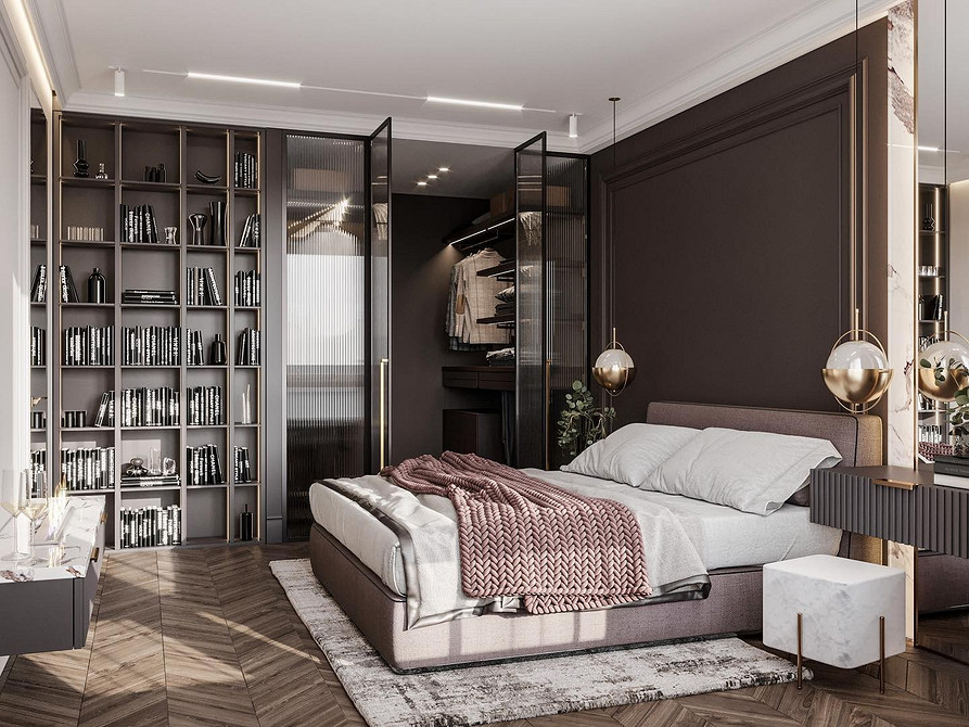 Sypialnia z łóżkiem z miękkim zagłówkiem i pasującymi szafkami nocnymi