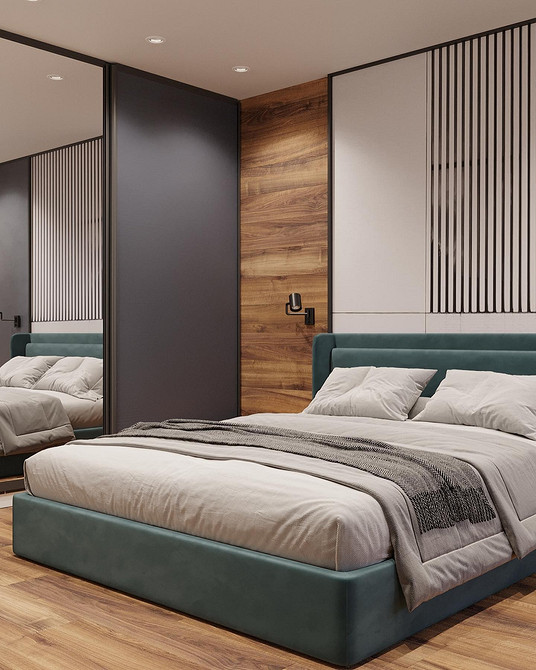 Jasna sypialnia z łóżkiem z miękkim zagłówkiem obitym lnem, dodającym naturalności.