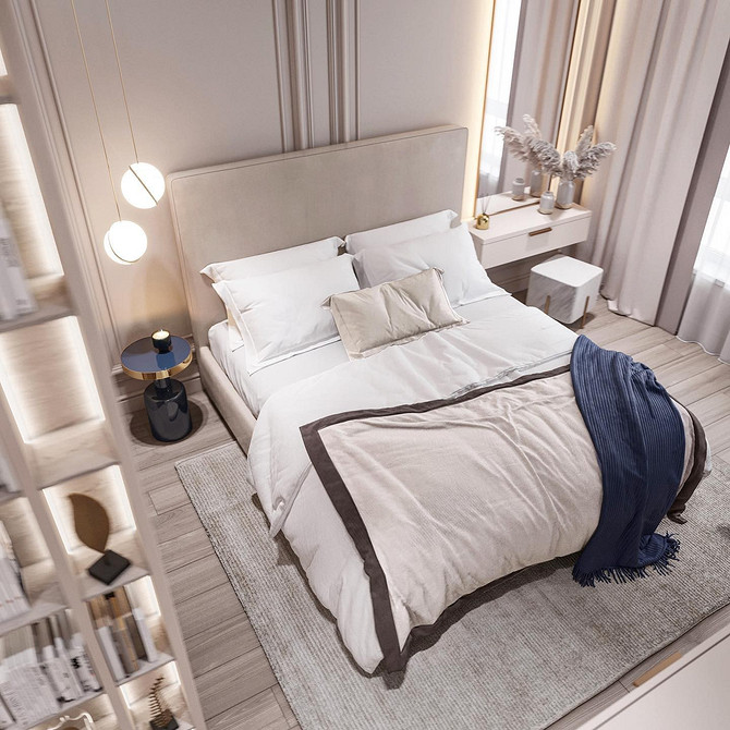 Łóżko z miękkim zagłówkiem obitym ekoskórą w nowoczesnym wnętrzu sypialni.