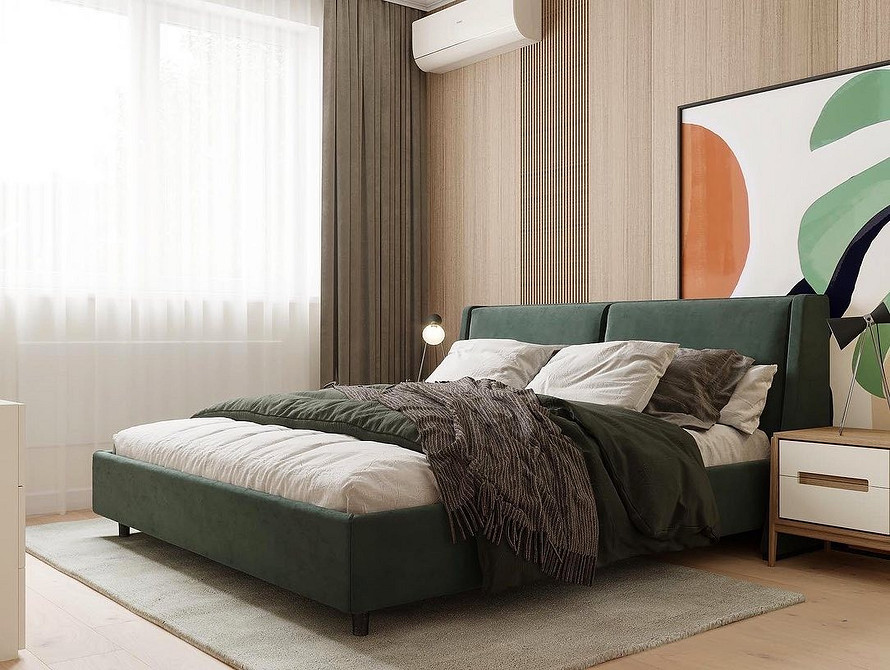 Unikalne łóżko z miękkim zagłówkiem o ciekawej fakturze obicia