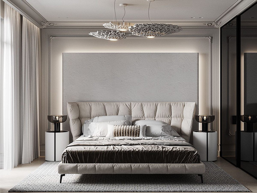 Miękki zagłówek łóżka z geometrycznym wzorem w pokoju dziecięcym.