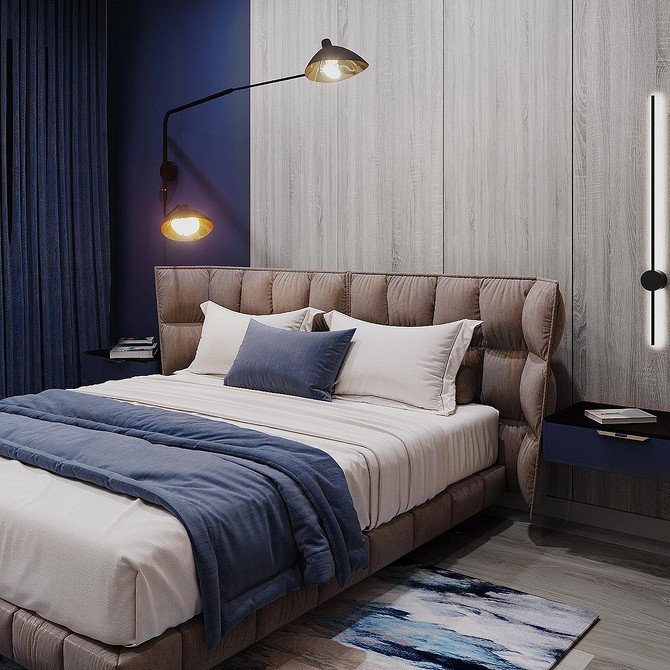 Miękki zagłówek łóżka obity tkaniną. Wygodny i stylowy element wyposażenia sypialni.