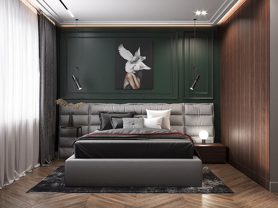 Eleganckie łóżko z miękkim zagłówkiem obitym aksamitem w stylowym wnętrzu