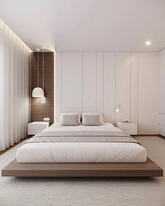 Modna sypialnia z minimalistycznym łóżkiem o ciekawej formie. Trendy łóżek do sypialni 2026.