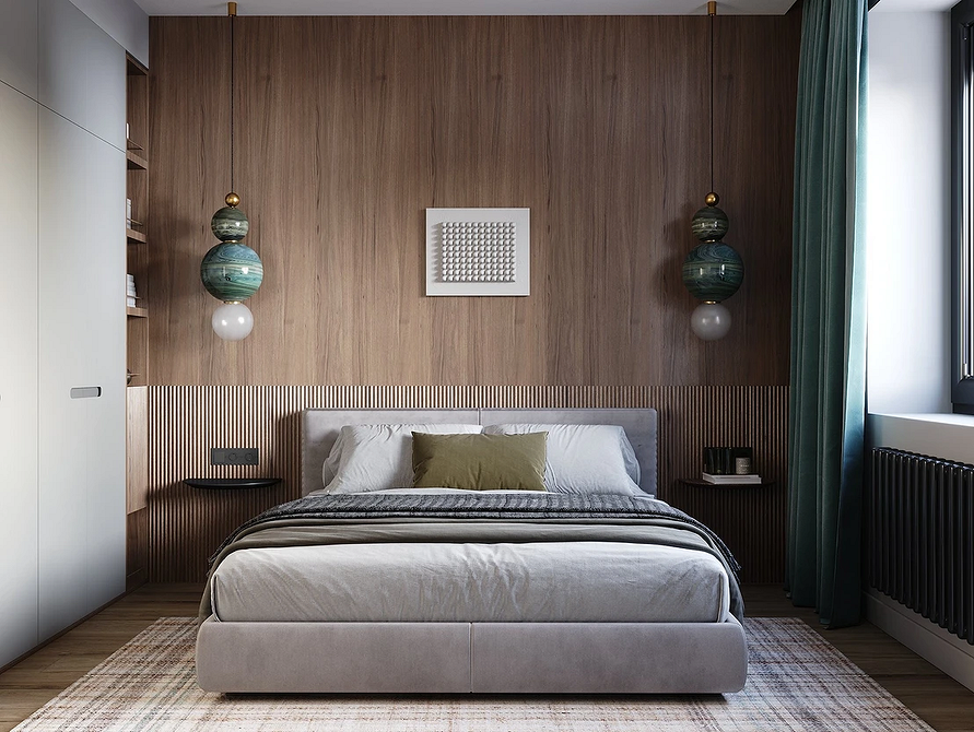 Szare łóżko w sypialni, pled i poduszki dekoracyjne dla komfortu.