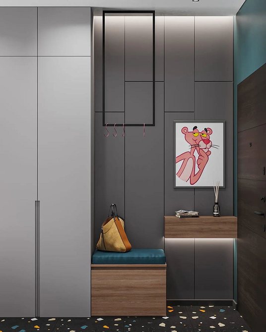 Szara łazienka z białą ceramiką i lustrem, optycznie powiększającym przestrzeń w 2026.