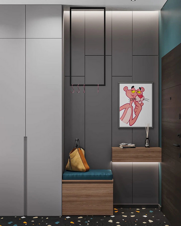 Projekt szarego przedpokoju z lustrem оптично powiększającym przestrzeń w małym mieszkaniu w 2026.