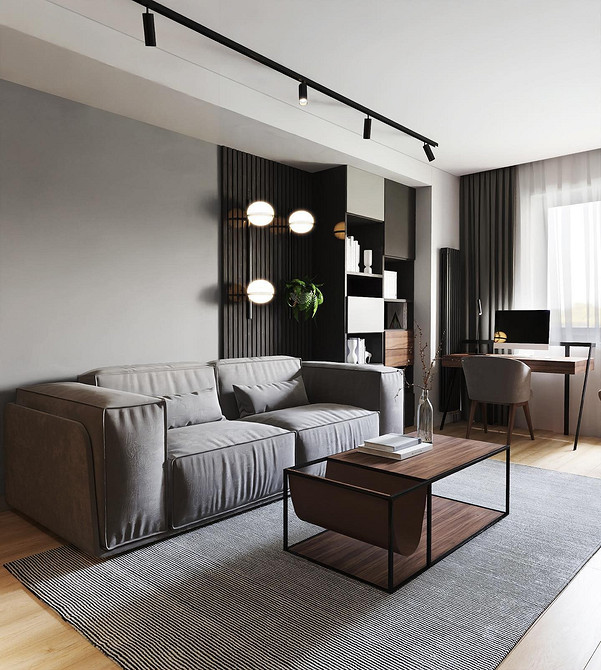 Szare akcenty Szare pufy i dekoracje podkreślają styl pokoju. Szare akcenty w minimalistycznym wnętrzu.