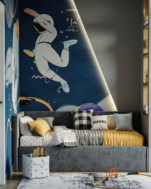 Szara sypialnia z miękkim łóżkiem i nocnymi lampkami – relaks 2026