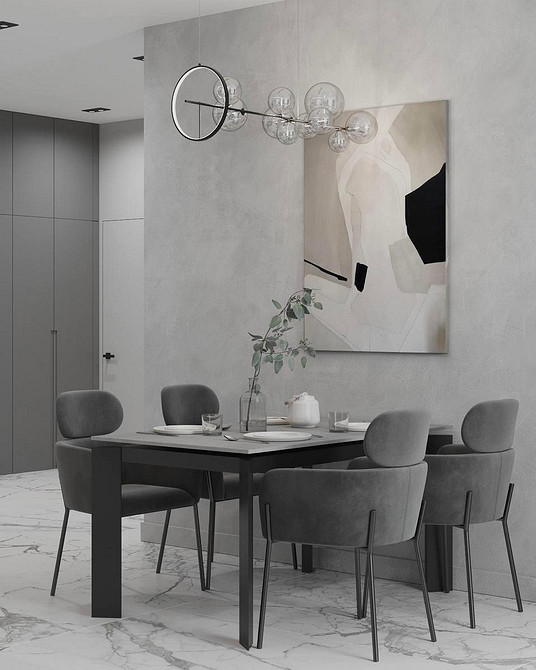 Jadalnia w szarości Szary stół i krzesła w jasnej kuchni – idealne połączenie do jadalni. Szare meble.