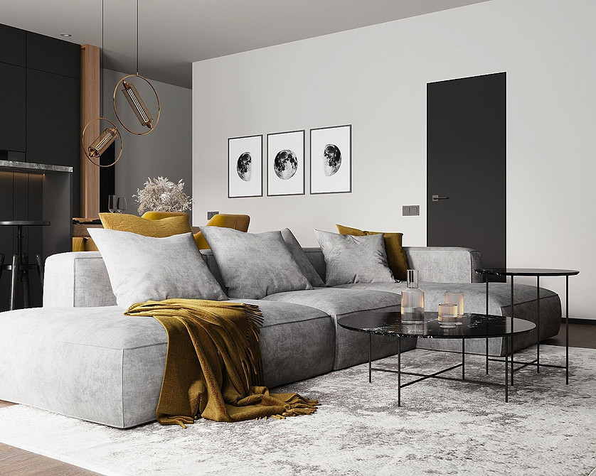 Szary диван w salonie: przytulny design wnętrza z akcentami w 2026 roku.