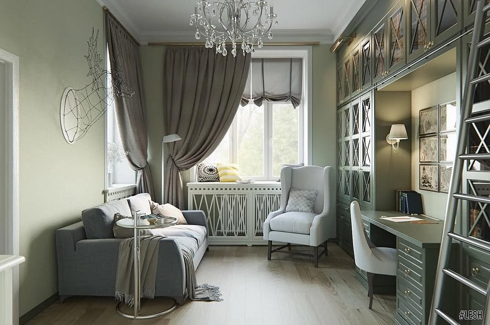 Szara sofa w gabinecie Elegancka szara sofa w nowoczesnym gabinecie, dodająca stylu i komfortu pracy.