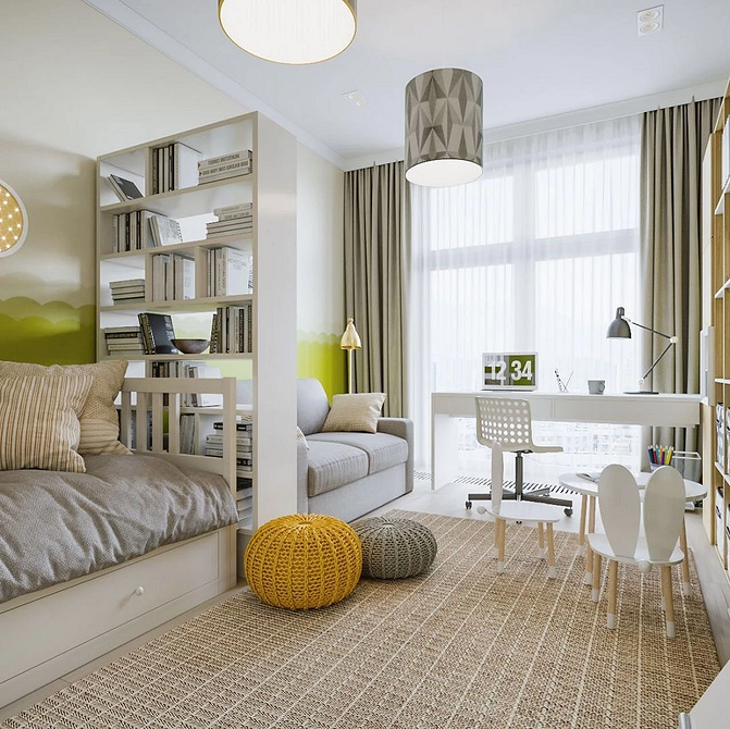 Elegancka sofa w gabinecie Stylowa szara sofa w gabinecie, nadająca elegancji strefie relaksu dla pracujących.