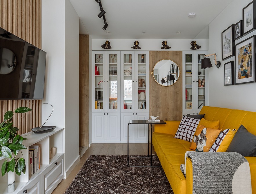 Skandynawska szafka RTV Jasny salon ze skandynawską szafką RTV do przechowywania rzeczy, styl 2026.