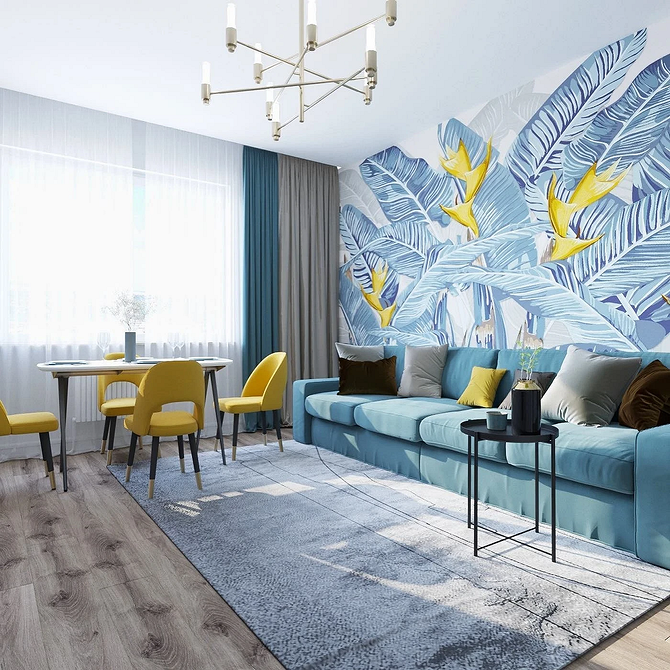 Żółte akcenty sofy Stylowa niebieska sofa w aranżacji wnętrz z żółtymi akcentami i nowoczesnym designem.