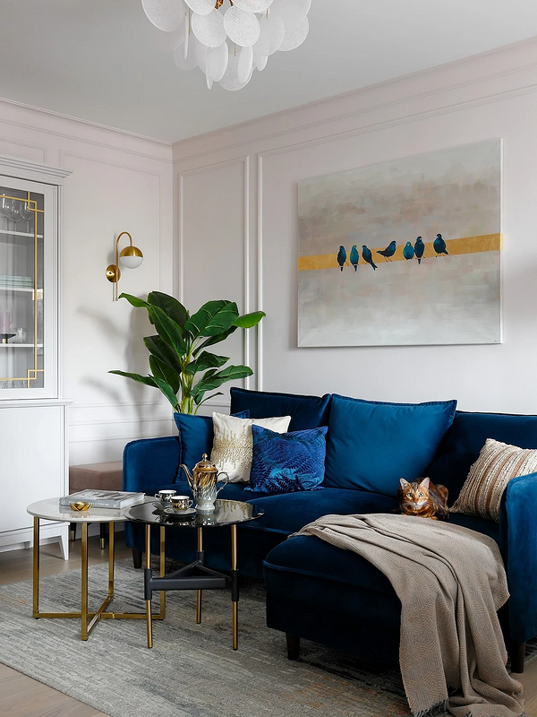 Niebieska sofa w salonie w stylu nowoczesnym. Inspiracje aranżacyjne na 2026.