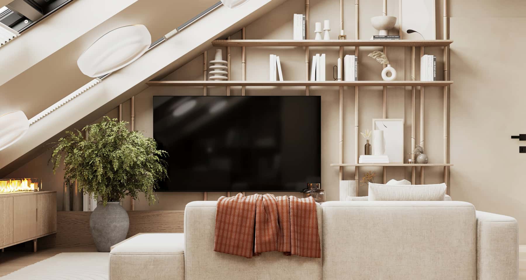 Ekologiczny design mieszkania w stylu Japandi: drewniane elementy i żywe rośliny.