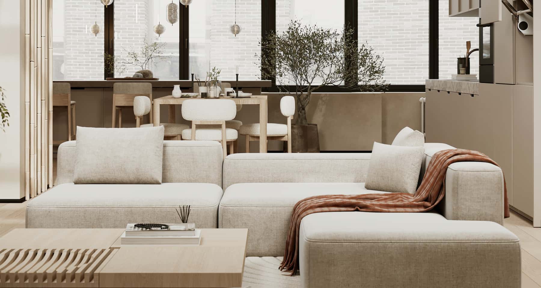 Wnętrze mieszkania w stylu Japandi z drewnianymi akcentami i minimalistycznym wystrojem.