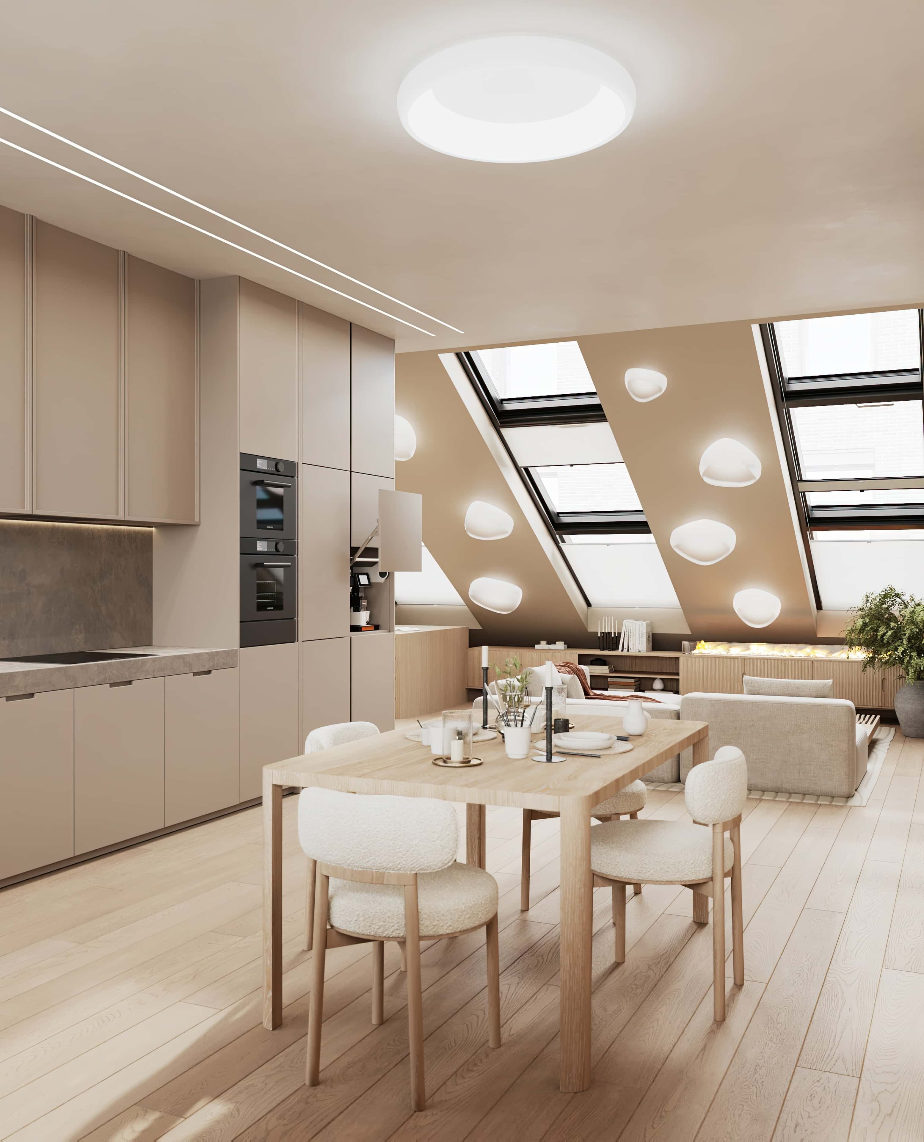 Jasny salon w stylu Japandi z naturalnym dywanem i roślinami doniczkowymi.