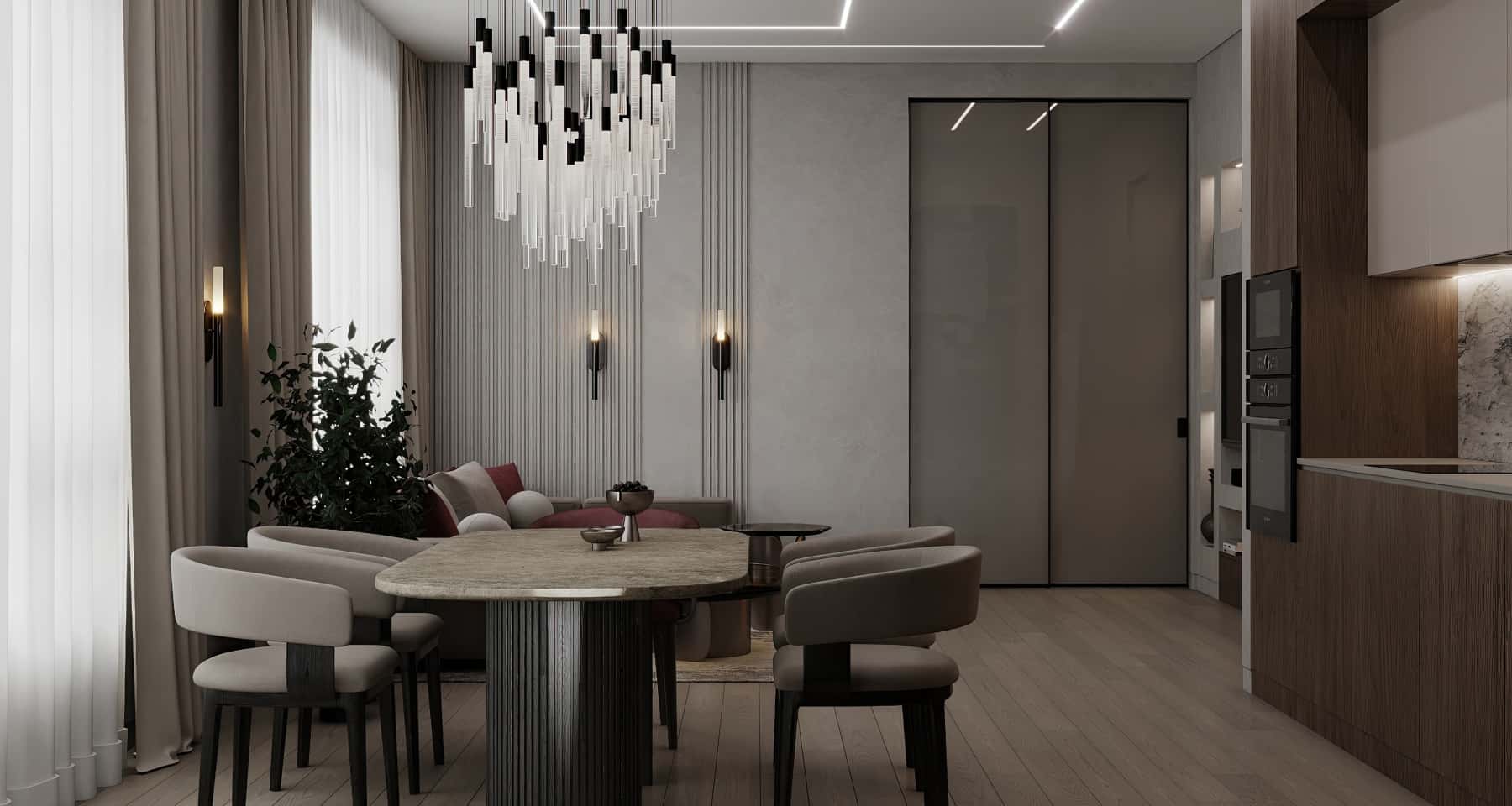 Kuchnia w stylu Japandi: drewniane fronty i minimum detali dekoracyjnych.